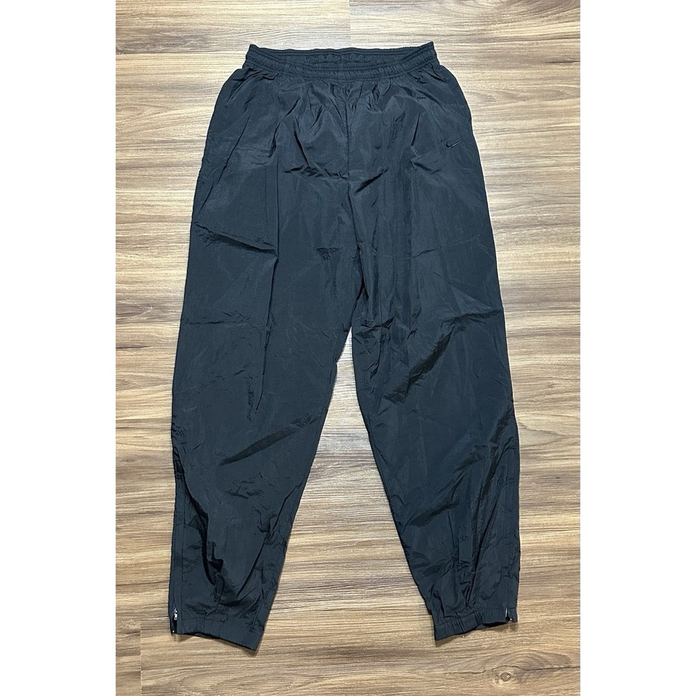 Y2K Nike Vintage Track Pants Black Nylon Swoosh Windbreaker Lightweight Sz L